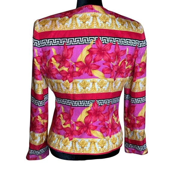 Vintage 100% Silk Floral Patterned Button Up Light Soft Jacket Vibrant Pink Gold - Picture 5 of 15